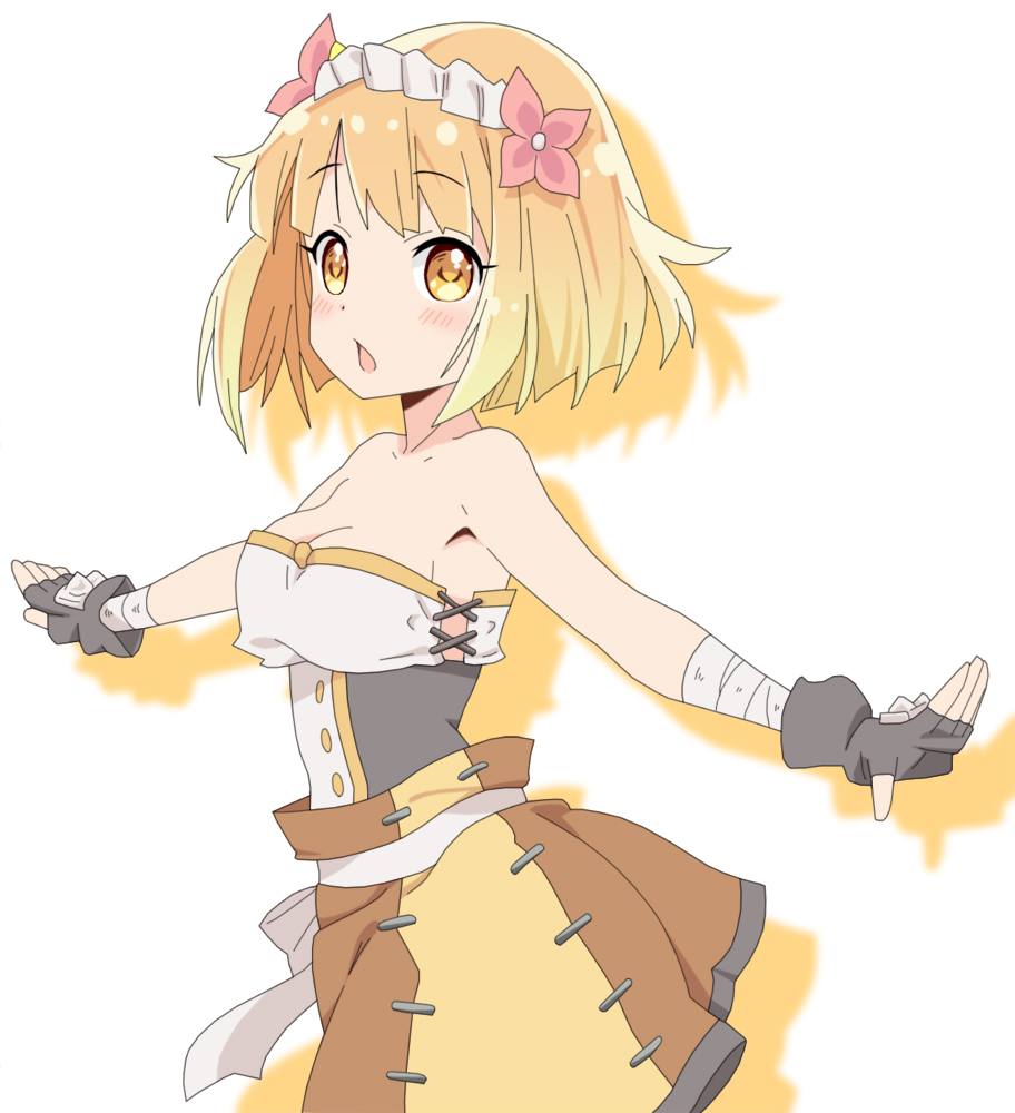 1girl blonde_hair check_commentary commentary commentary_request cp9a endro! fai_fai fingerless_gloves gloves hairband shadow short_hair shorts solo strapless white_background yellow_eyes