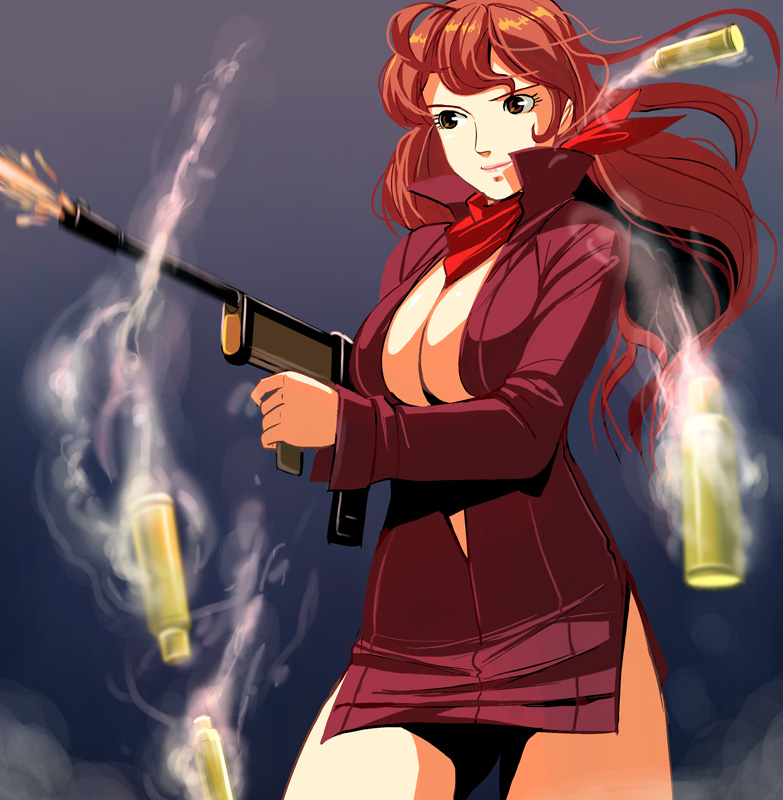 ascot bad_id bad_pixiv_id breasts brown_hair bullet casing_ejection cleavage cowboy_shot firing gun holding holding_gun holding_weapon huge_breasts long_hair lupin_iii machine_gun masao mine_fujiko muzzle_flash open_clothes open_shirt scarf shell_casing shirt solo weapon