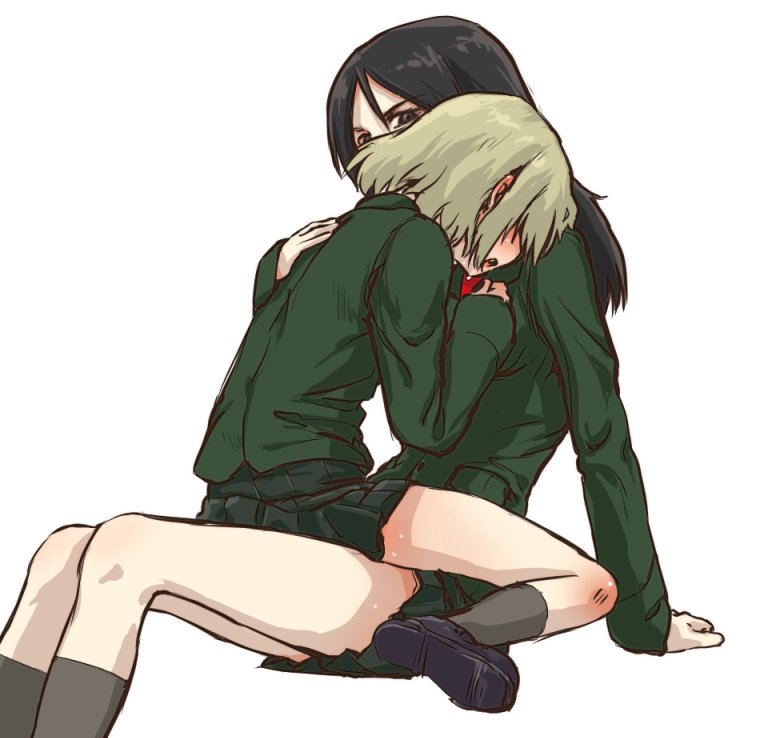 2girls arm_support bangs black_eyes black_footwear black_hair black_legwear black_skirt blonde_hair blue_eyes commentary consoling crying girls_und_panzer green_jacket hand_on_another's_back jacket katyusha leaning_back loafers long_hair long_sleeves looking_at_another miniskirt monolith_(suibou_souko) multiple_girls nonna pleated_skirt pravda_school_uniform red_shirt sad school_uniform shirt shoes short_hair simple_background sitting skirt socks straddling swept_bangs wariza white_background