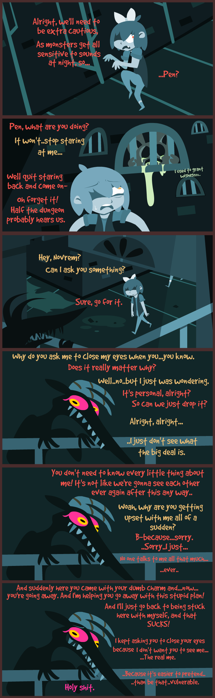 2018 ambiguous_species bow_tie brown_eyes brown_text clothed clothing comic digital_media_(artwork) dungeon duo english_text fully_clothed hair hi_res horn human inside mammal mimic monster novrem_(shane_frost) open_mouth pen_(shane_frost) pink_text red_eyes red_text scared shane_frost simple_background sneaking teeth text