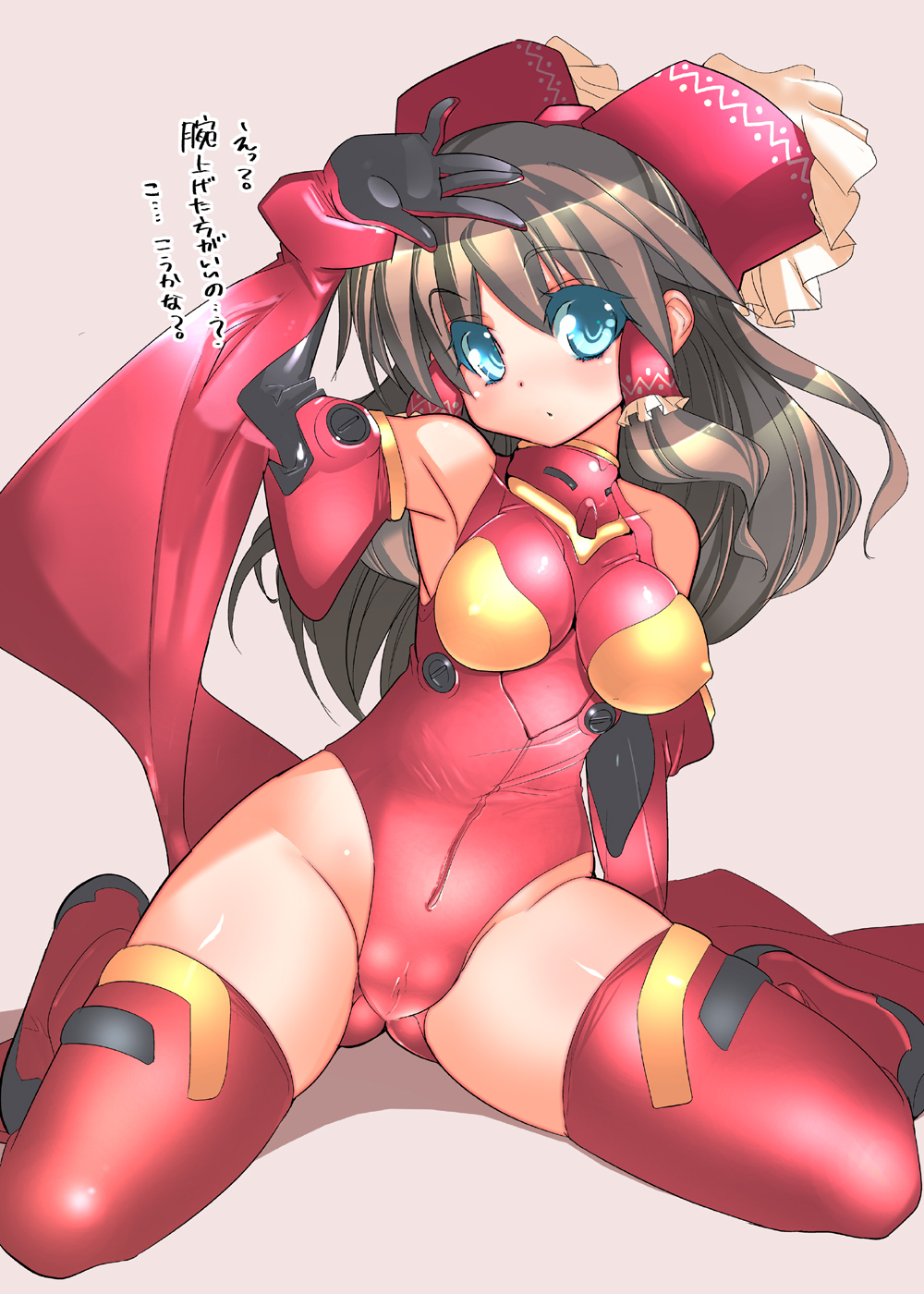 adapted_costume arm_support armpits ass_visible_through_thighs bangs bare_shoulders beige_background blue_eyes blush boots bow bracer breasts cameltoe colored_eyelashes cosplay covered_nipples detached_sleeves eyebrows_visible_through_hair frills fujishima-sei_ichi-gou full_body gloves grey_hair groin hair_bow hair_tubes hakurei_reimu halterneck hand_on_own_head highleg highleg_leotard highres hips impossible_clothes impossible_leotard leaning_to_the_side leotard long_hair looking_at_viewer medium_breasts neon_genesis_evangelion parted_lips pilot_suit plugsuit polka_dot puffy_detached_sleeves puffy_sleeves red_bow red_footwear red_leotard shadow shiny shiny_clothes sidelocks simple_background sitting skin_tight solo souryuu_asuka_langley souryuu_asuka_langley_(cosplay) spread_legs thigh_boots thighhighs thighs touhou translated turtleneck wariza