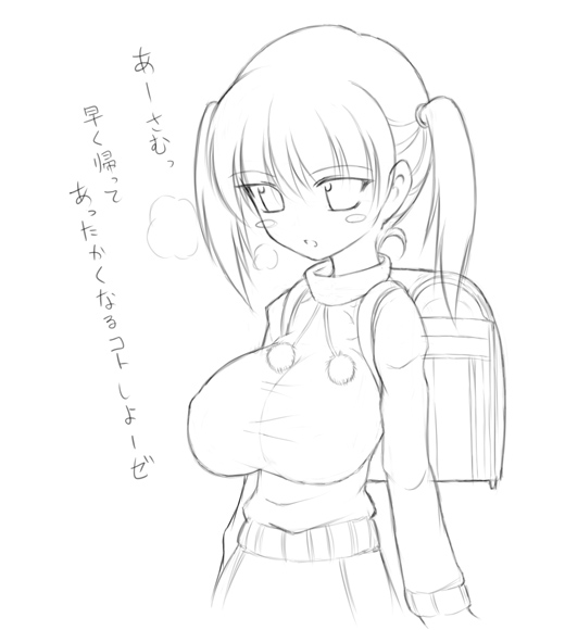 backpack bag blush breasts copyright_request covered_nipples greyscale huge_breasts miyata_gakuman monochrome randoseru short_hair sketch solo source_request sweater translated twintails