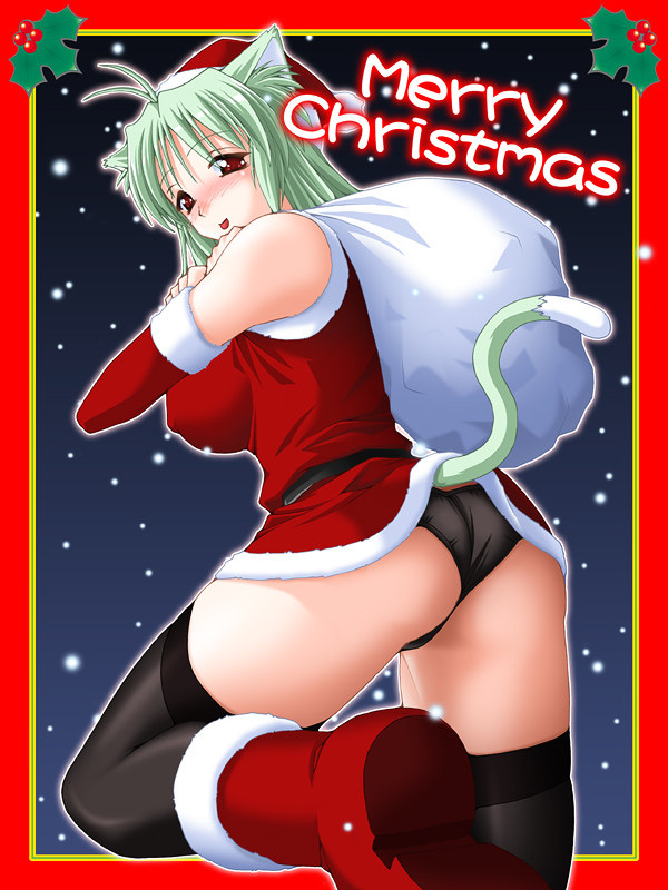 animal_ears ass back black_panties blush boots breasts cat_ears cat_tail christmas green_hair keito large_breasts looking_back original panties red_eyes santa_costume solo tail thighhighs underwear
