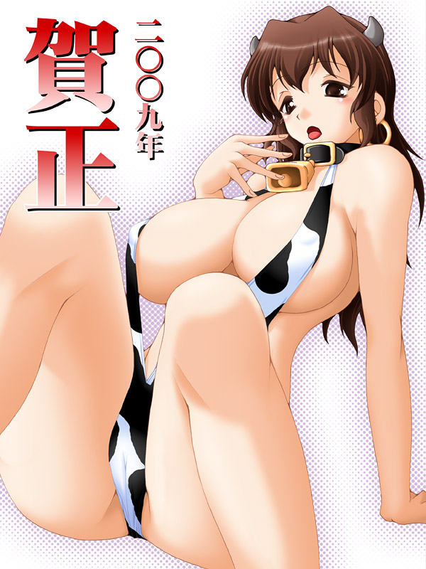 animal_print bell bell_collar breasts brown_eyes brown_hair collar cow_bell cow_girl cow_print earrings horns huge_breasts jewelry keito new_year original slingshot_swimsuit solo swimsuit