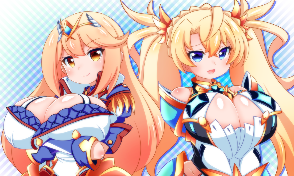 2girls bare_shoulders blonde_hair blue_eyes bradamante_(fate/grand_order) bradamante_(fate/grand_order)_(cosplay) breast_hold breasts cleavage cosplay elbow_gloves fate/grand_order fate_(series) gloves hikari_(xenoblade_2) hikari_(xenoblade_2)_(cosplay) large_breasts long_hair multiple_girls nintendo oborotsuki_kakeru open_mouth simple_background smile twintails very_long_hair white_background xenoblade_(series) xenoblade_2 yellow_eyes