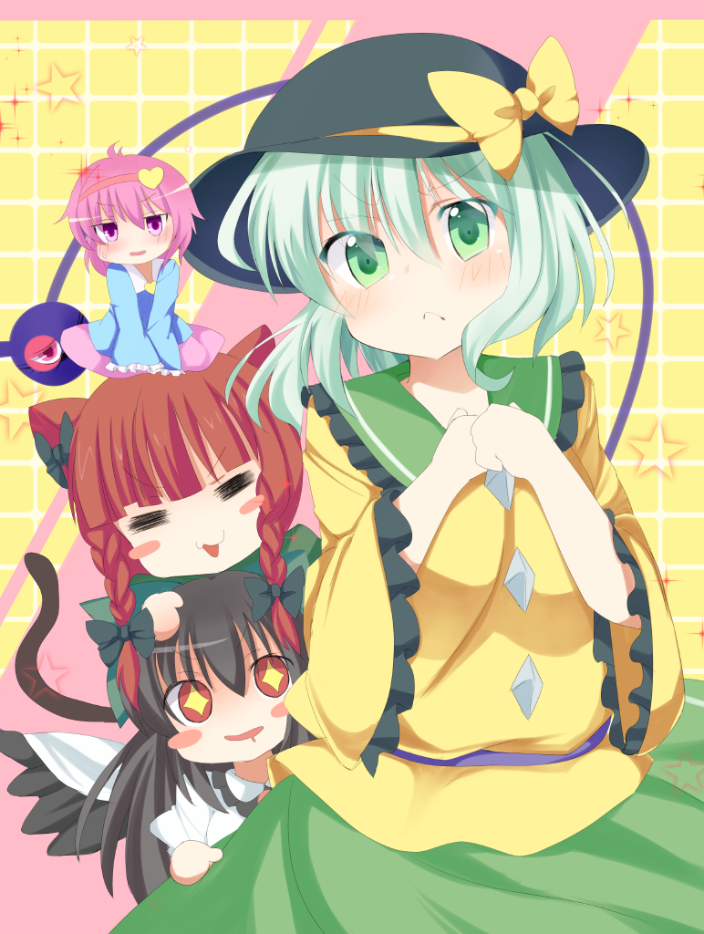 :&lt; :3 animal_ears ashino bangs black_bow black_hair black_hat blunt_bangs blush blush_stickers bow cat_ears cat_girl cat_tail character_request chibi closed_mouth commentary_request eyeball frilled_shirt_collar frilled_sleeves frills furrowed_eyebrows green_eyes green_skirt hair_bow hands_up hat hat_ribbon heart heart_of_string komeiji_koishi light_green_hair long_hair long_sleeves looking_at_viewer no_nose open_mouth red_eyes red_hair ribbon skirt smile tail third_eye touhou wide_sleeves yellow_bow