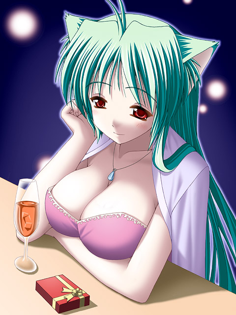 animal_ears breasts cat_ears cleavage cup drink drinking_glass gift green_hair jewelry keito large_breasts long_hair necklace original red_eyes shirt_on_shoulders solo wine_glass