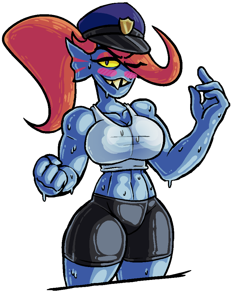 alpha_channel big_breasts blue_skin blush breasts cleavage clothed clothing deltarune female fish fist gills hair hat long_hair looking_at_viewer marine midriff navel one_eye_closed police_hat ponytail red_hair sharp_teeth shirt signature simple_background solo spats spur sweat tank_top teeth transparent_background undertale undyne video_games wink yellow_sclera