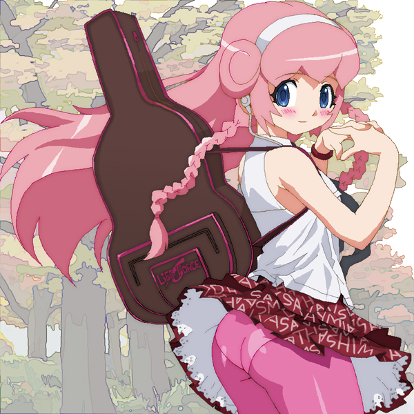 ass bare_shoulders blue_eyes blush braid erul_tron hairband hands_clasped headphones instrument_case koyopi long_hair looking_back otomedius own_hands_together panties panties_under_pantyhose pantyhose pink_hair pink_legwear skirt solo tree twin_braids underwear wind wind_lift