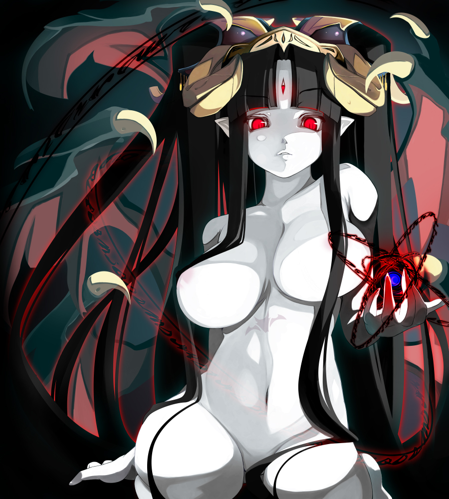 areola_slip areolae ass_visible_through_thighs aura black_hair breasts convenient_censoring demon_girl demon_wings glowing hair_censor hair_ornament hair_over_breasts hair_over_crotch horns huge_breasts long_hair magic_circle nude original pointy_ears red_eyes seiza shiki_(psychedelic_g2) sitting solo tattoo third_eye very_long_hair white_skin wings