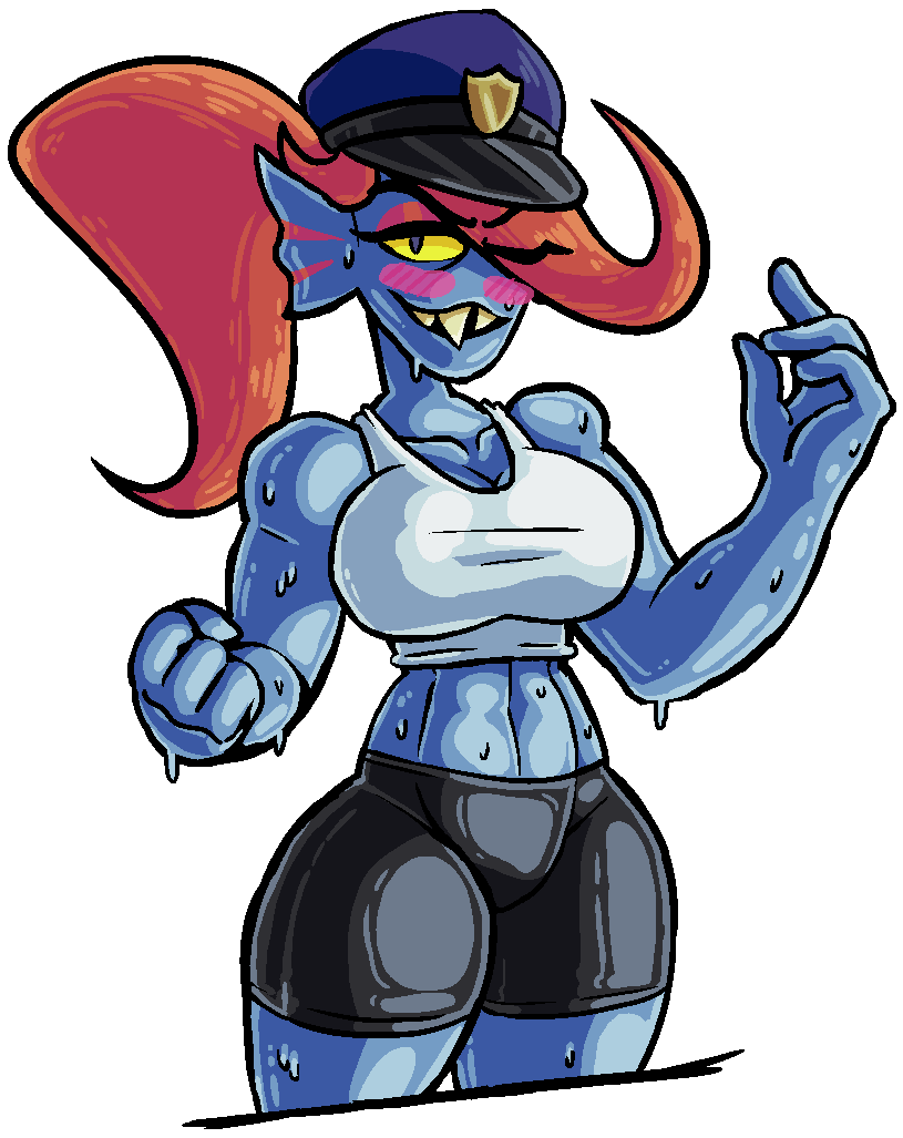 alpha_channel big_breasts blue_skin blush breasts cleavage clothed clothing deltarune female fish fist gills hair hat long_hair looking_at_viewer marine midriff navel one_eye_closed police_hat ponytail red_hair sharp_teeth shirt signature simple_background solo spats spur sweat tank_top teeth transparent_background undertale undyne video_games wink yellow_sclera