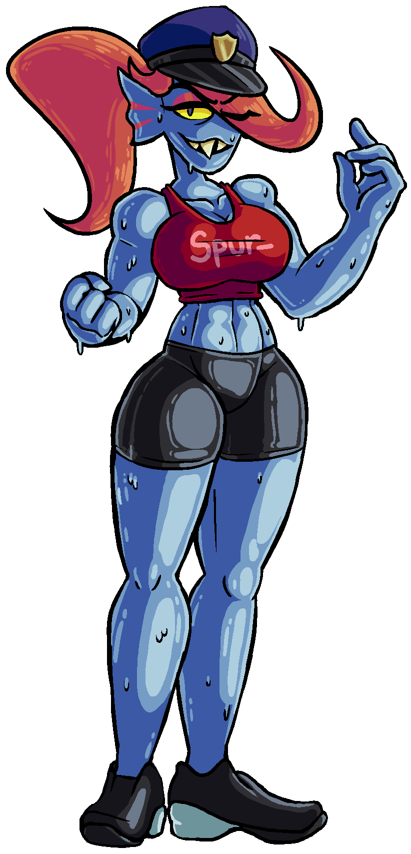 alpha_channel big_breasts blue_skin blush breasts cleavage clothed clothing deltarune female fish fist footwear gills hair hat long_hair looking_at_viewer marine midriff navel one_eye_closed police_hat ponytail red_hair sharp_teeth shirt shoes signature simple_background solo spats spur sweat tank_top teeth transparent_background undertale undyne video_games wink yellow_sclera