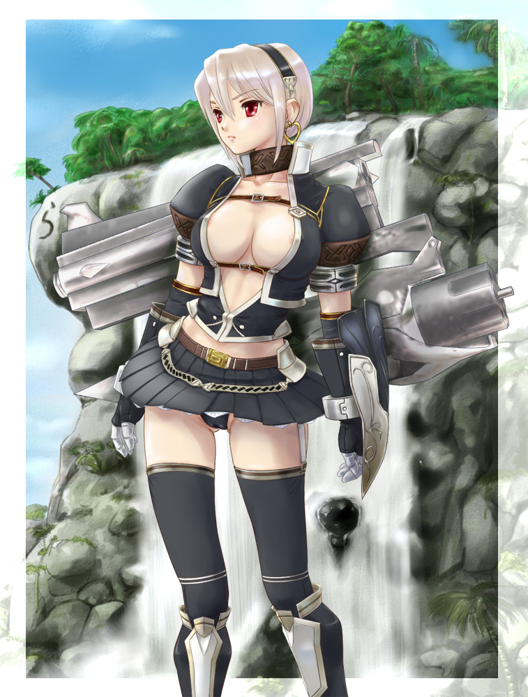 albino areola_slip areolae armor breasts earrings gun jewelry large_breasts meran_(armor) miniskirt monster_hunter monster_hunter_frontier panties rasukaru red_eyes short_hair skirt solo thighhighs underwear weapon white_hair