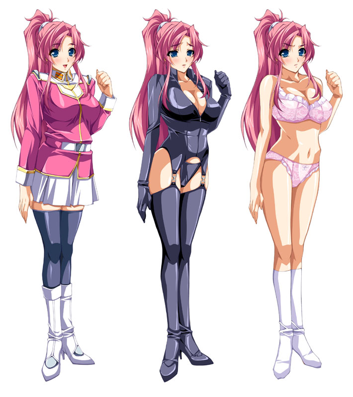 alternate_costume blue_eyes blush boots bra breasts cleavage game_cg high_heels knee_boots kneehighs kuroishi_ringo large_breasts lingerie long_hair midriff nora_stuart panties pink_hair ponytail ryoujoku_guerilla_gari_3 shoes skirt socks standing thighhighs underwear zettai_ryouiki