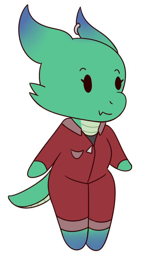 2019 anthro chibi clothed clothing digital_media_(artwork) ear_piercing female green_scales hi_res jumpsuit kizi_duval_(tinydemon) kobold piercing reptile scales scalie short_stack smile solo tinydemon wide_hips