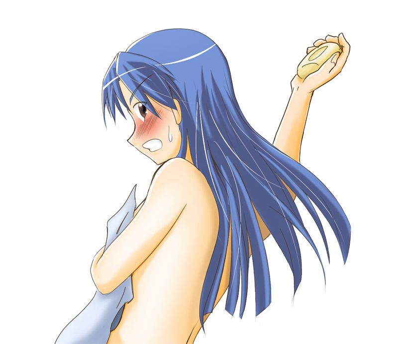 back blue_hair blush brown_eyes clenched_teeth covering embarrassed eyebrows_visible_through_hair from_side furrowed_eyebrows holding idolmaster idolmaster_(classic) idolmaster_1 kisaragi_chihaya long_hair looking_at_viewer looking_to_the_side neokir nude_cover open_mouth pov profile simple_background soap solo teeth towel white_background