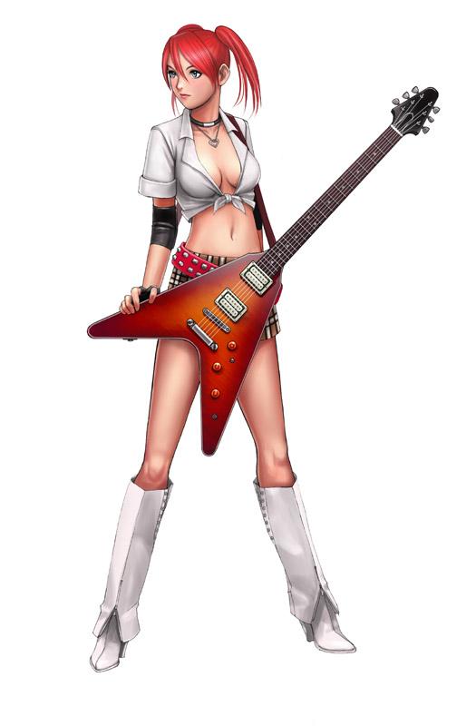 boots candy_cane_(rumble_roses) choker elbow_pads fingerless_gloves flying_v gloves guitar instrument jewelry knee_boots kneeboots necklace pig_tails plaid plaid_skirt red_hair rumble_roses short_twintails skirt twintails