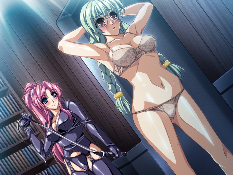 armpits arms_behind_head bdsm blue_eyes blue_panties blush book bookshelf bra braid breasts brown_eyes cleavage dominatrix dutch_angle game_cg garter_straps green_hair grey_panties ino kuroishi_ringo lace lace_bra lace_panties large_breasts leather lingerie long_hair monica_brian multiple_girls non-web_source nora_stuart open_mouth panties pink_hair ryoujoku_guerilla_gari_3 shiny shiny_clothes smile sweat thighhighs twin_braids underwear underwear_only whip wide_hips