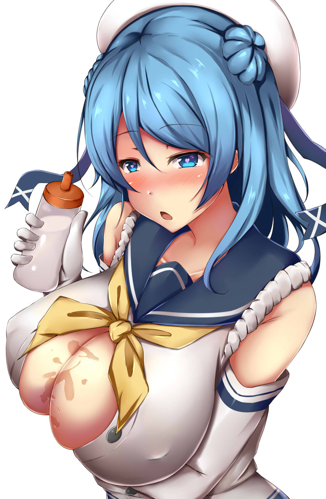 1girl beret blue_eyes blue_hair blush breasts double_bun eyebrows_visible_through_hair hat heart heart_in_eye highres kantai_collection large_breasts looking_at_viewer neckerchief sailor_hat school_uniform serafuku simple_background symbol_in_eye terakoya urakaze_(kantai_collection) white_background white_hat yellow_neckwear