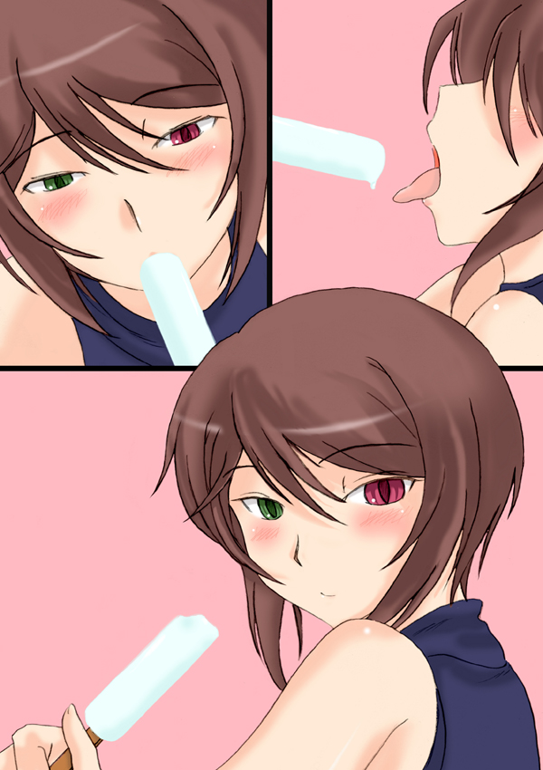 artist_request blush brown_hair casual food heterochromia older popsicle rozen_maiden sexually_suggestive short_hair source_request souseiseki