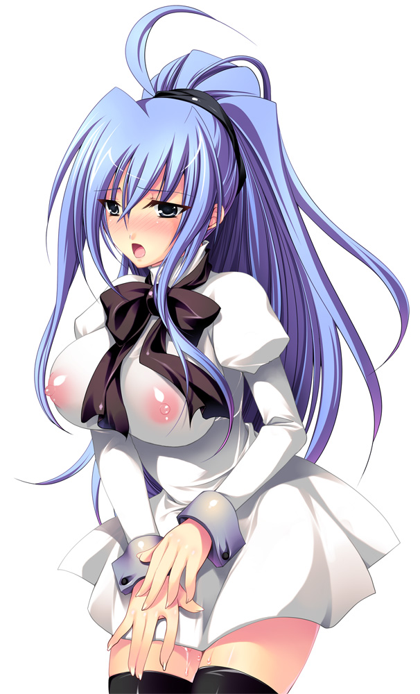 bad_id bad_pixiv_id blue_hair blush breasts copyright_request covered_nipples huge_breasts long_hair nipples ookami_ryousuke pussy_juice see-through solo thighhighs
