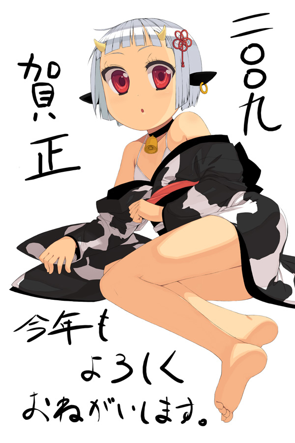 2009 animal_ears animal_print bad_id bad_pixiv_id barefoot bell bell_collar collar copyright_request cow_ears cow_print feet flat_chest horns japanese_clothes kimono kotoyoro lesskiss new_year red_eyes short_hair solo translated