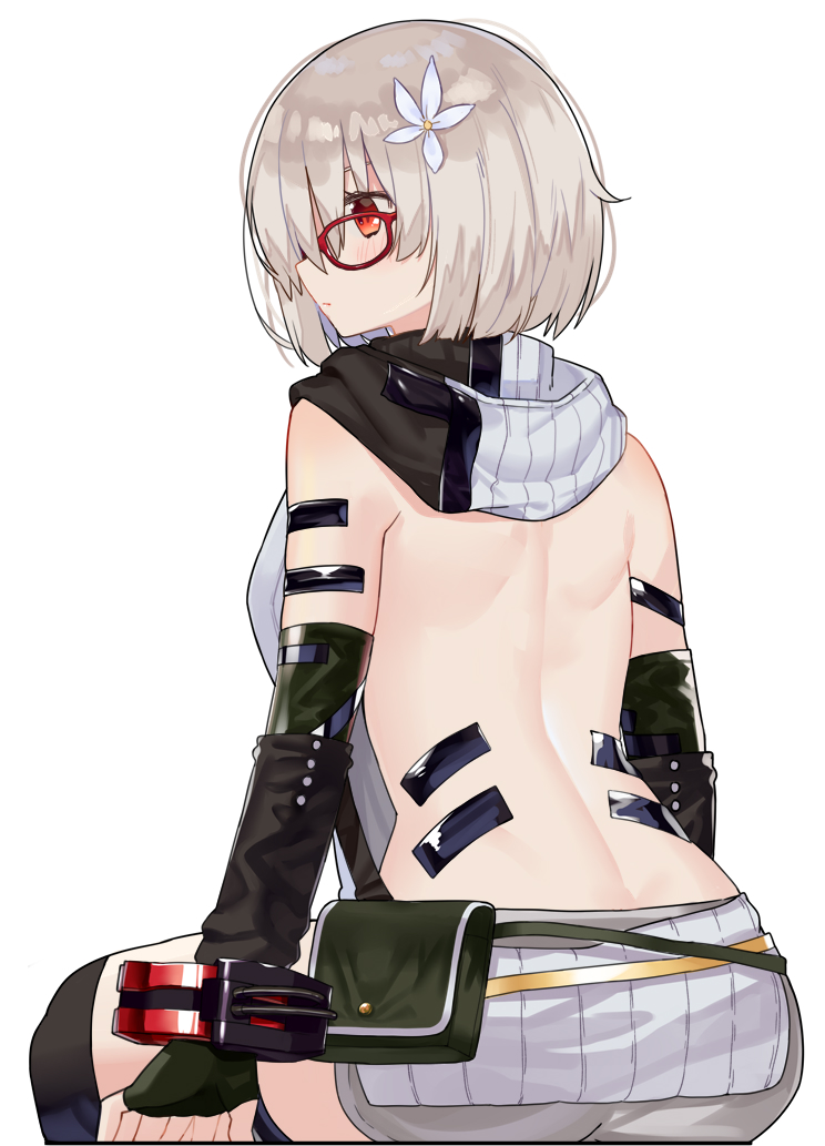1girl arms_at_sides ass back backless_outfit bangs bare_back bare_shoulders black_legwear blush character_request closed_mouth commentary_request elbow_gloves fingerless_gloves flower from_behind glasses gloves god_eater god_eater_3 green_gloves grey_sweater hair_flower hair_ornament hood hood_down hooded_sweater looking_away looking_to_the_side meme_attire pouch profile red-framed_eyewear ryuuno6 short_hair silver_hair simple_background sitting solo sweater thighhighs virgin_killer_sweater white_background white_flower