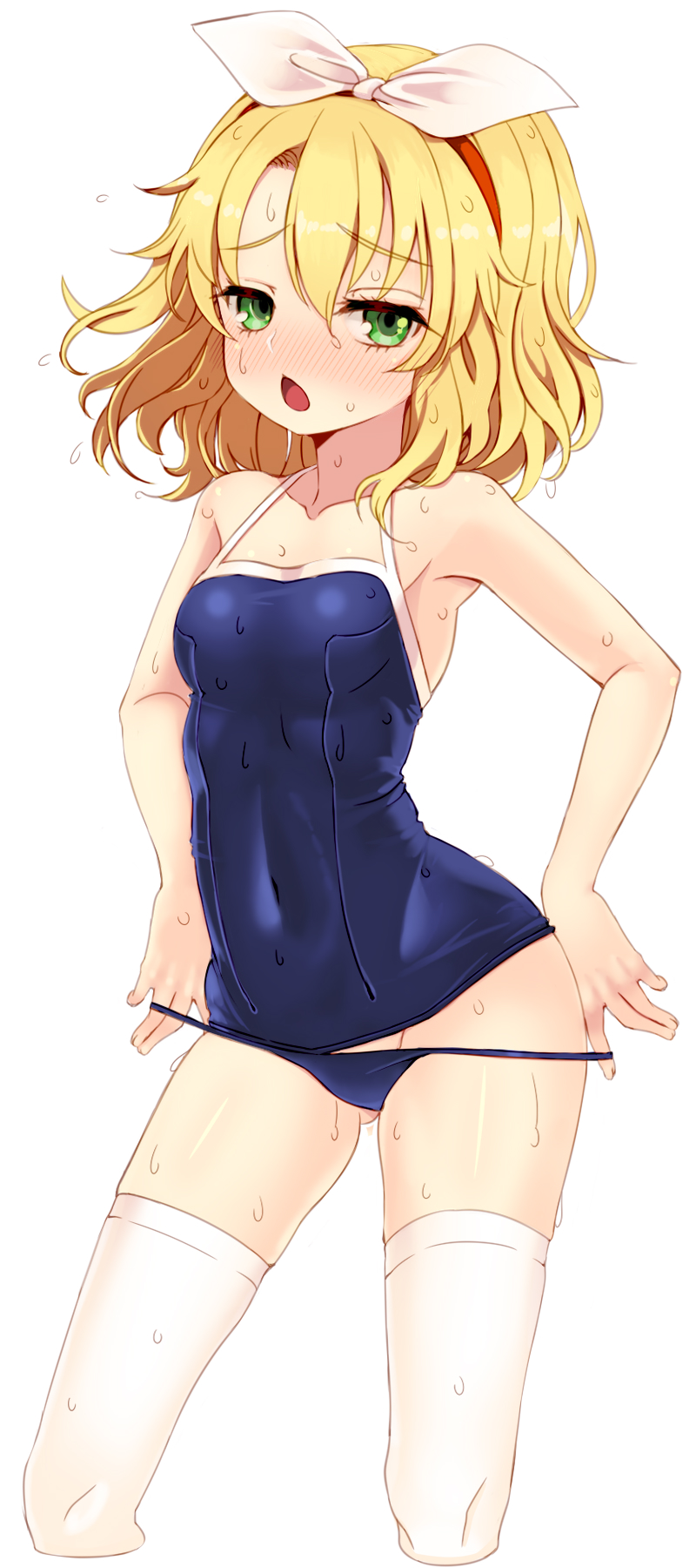 1girl :o armpits bangs bare_arms bare_shoulders blonde_hair blue_swimsuit blush breasts collarbone commentary_request contrapposto covered_navel cropped_legs eyebrows_visible_through_hair gluteal_fold green_eyes groin hair_ribbon hairband highres idolmaster idolmaster_cinderella_girls idolmaster_cinderella_girls_starlight_stage korean_commentary legs_apart medium_hair nose_blush old_school_swimsuit open_mouth reason_(ficafe) red_hairband ribbon sakurai_momoka school_swimsuit simple_background small_breasts smoke solo standing swimsuit thighhighs undressing water_drop wet wet_hair white_background white_legwear white_ribbon