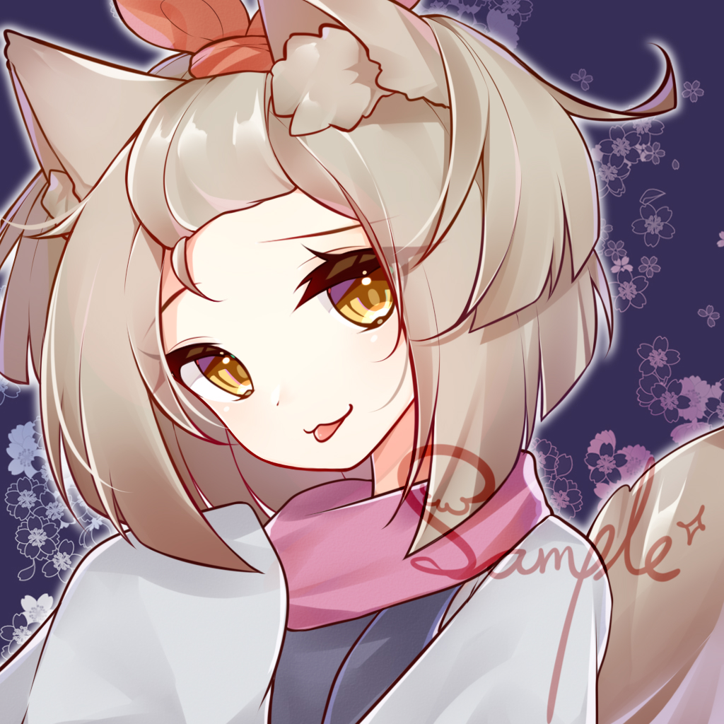 1girl :p animal_ear_fluff animal_ears bangs brown_eyes brown_hair character_request closed_mouth duel_monster eta eyebrows_visible_through_hair grey_kimono hair_ribbon hand_up head_tilt japanese_clothes kimono long_sleeves orange_ribbon ribbon sample sleeves_past_fingers sleeves_past_wrists smile solo tail tail_raised tongue tongue_out upper_body yu-gi-oh!