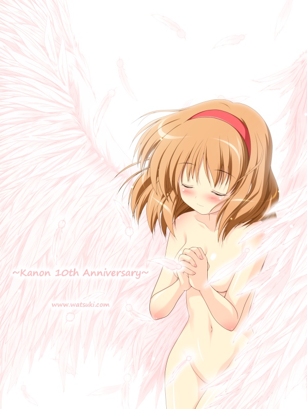 angel_wings closed_eyes feathers kanon nude solo tsukimiya_ayu watsuki_ayamo wings