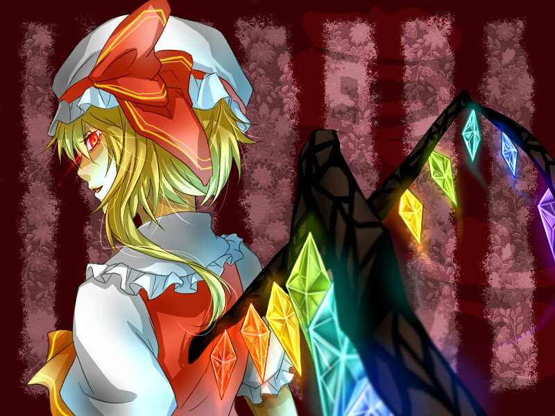 blonde_hair bow flandre_scarlet glowing glowing_eyes hat hatimitu0002 looking_back red_eyes ribbon side_ponytail solo touhou wings