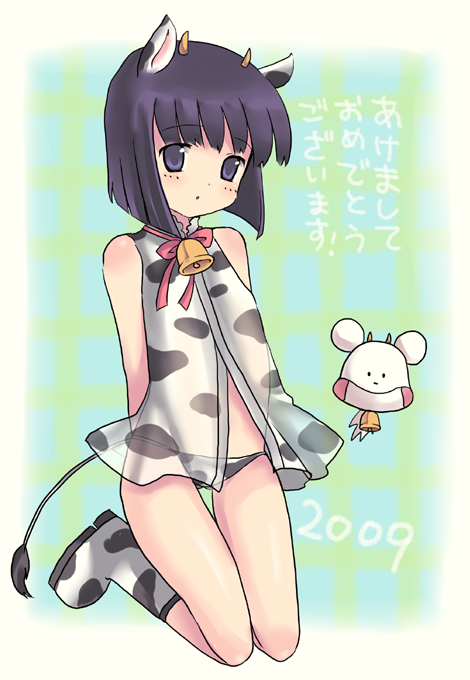 2009 animal_ears animal_print bad_id bad_pixiv_id bokurano boots chinese_zodiac coemushi cow_ears cow_girl cow_print cow_tail eyebrows_visible_through_hair flat_chest horns kneeling machi_youko new_year panties see-through short_hair tail teu_(navy) translated underwear year_of_the_ox
