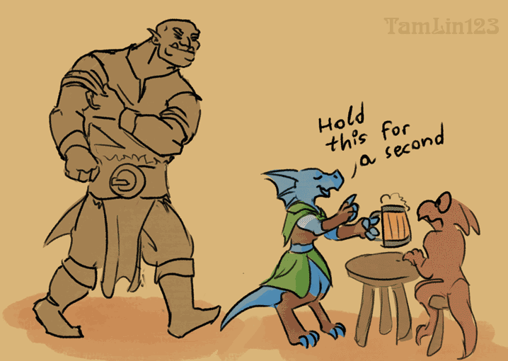 animated blue_scales clothing english_text female fight humanoid kobold male orc scales scalie simple_background tamlin123 text