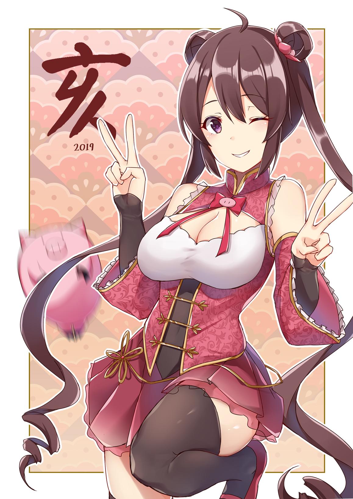 10s 1girl 2019 ahoge bangs bare_shoulders black_legwear boar_(chinese_zodiac) border bow bowtie breasts brown_hair brown_legwear chinese_clothes chinese_new_year chinese_zodiac cleavage cleavage_cutout commentary_request covered_navel cowboy_shot detached_sleeves double_bun double_v eyebrows_visible_through_hair frilled_sleeves frills hair_ornament hands_up highres leg_up long_hair long_sleeves looking_at_viewer medium_breasts miniskirt motion_blur one_eye_closed original outside_border parted_lips personification pig pleated_skirt purple_eyes red_footwear red_neckwear red_skirt shoes sidelocks skirt sleeves_past_wrists smile solo standing standing_on_one_leg thighhighs translated twintails v very_long_hair white_border wide_sleeves wink zettai_ryouiki zhi_zhi/zu_zu