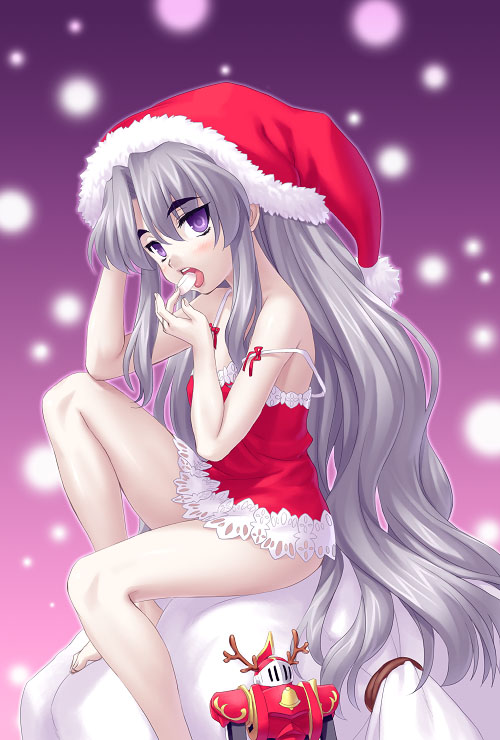 chemise christmas kengou long_hair open_mouth purple_eyes santa_costume silver_hair solo strap_slip the_robot_tsuku_rouze! very_long_hair