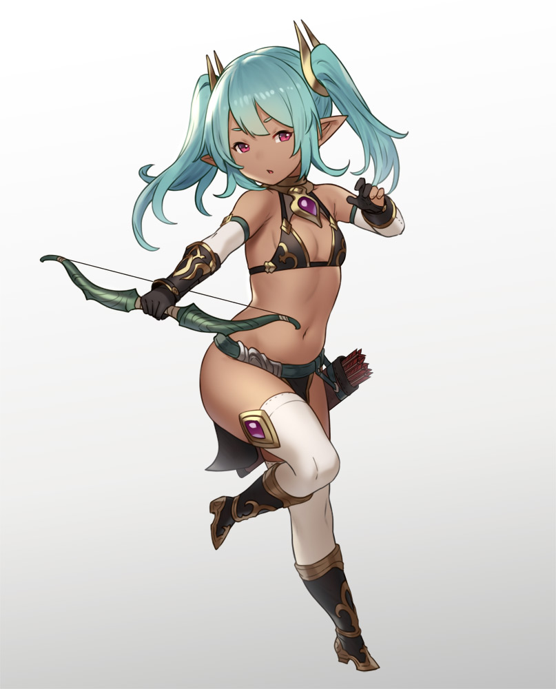1girl arrow bare_shoulders bikini bikini_top black_bikini black_footwear black_gloves boots bow_(weapon) breasts cleavage dark_skin detached_sleeves elf full_body gloves green_hair hair_ornament holding holding_bow_(weapon) holding_weapon houtengeki loincloth long_hair navel open_clothes open_mouth open_shirt original pointy_ears quiver red_eyes small_breasts solo stomach swimsuit thighhighs weapon white_legwear