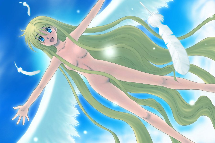 air akaza_shiro angel_wings ass_visible_through_thighs blonde_hair blue_eyes convenient_censoring feathers hair_censor hair_over_breasts hair_over_crotch kamio_misuzu large_wings long_hair nude open_mouth outstretched_arms outstretched_hand smile solo spread_arms very_long_hair wings
