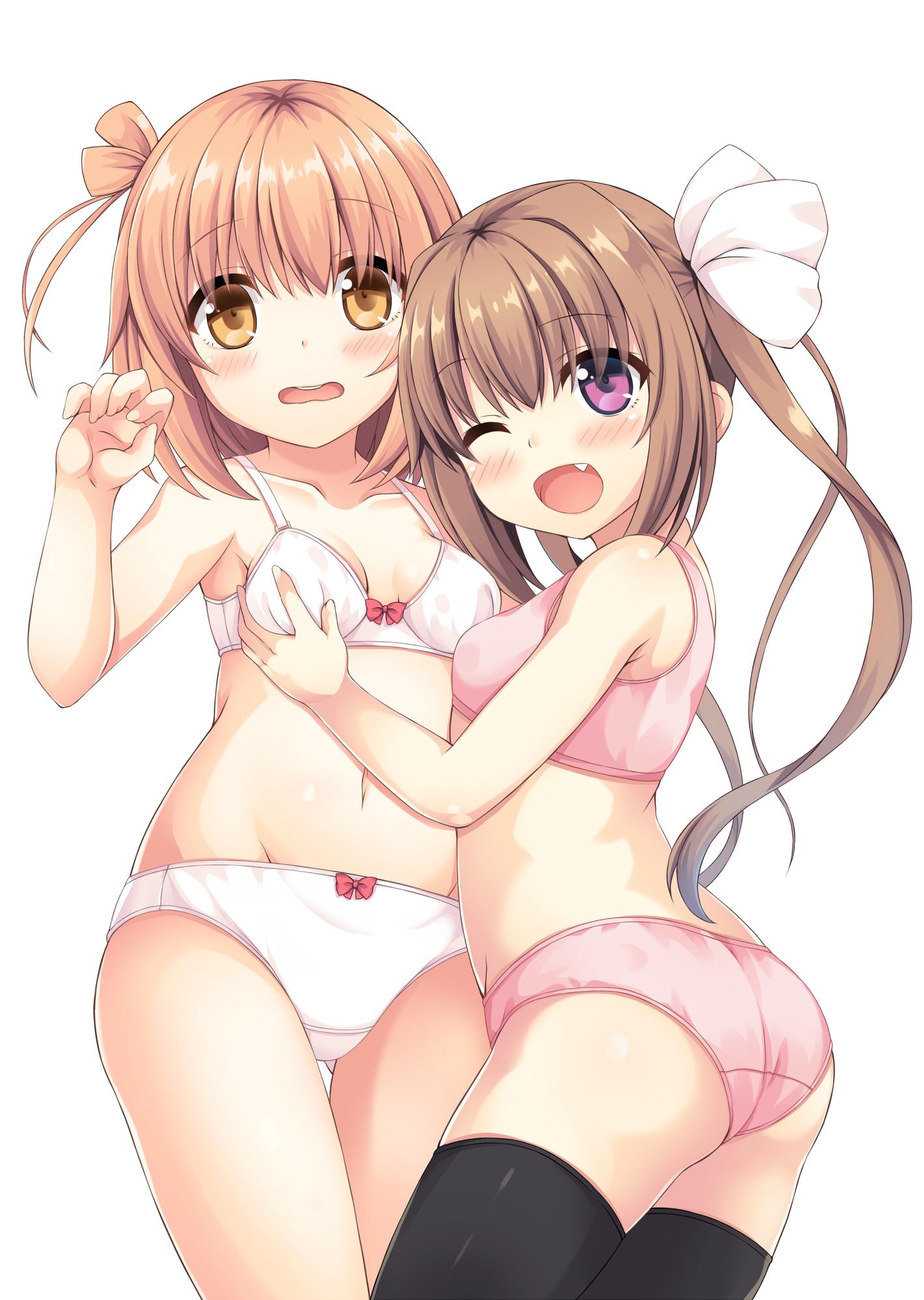 2girls ;d ass bare_arms bare_shoulders black_legwear blush bow bow_bra bow_panties bra breasts brown_eyes brown_hair collarbone commentary_request fang fingernails gluteal_fold groin hair_bow hand_up highres ichinose_hana momochi_tamate multiple_girls navel one_eye_closed one_side_up open_mouth panties pink_bra pink_panties purple_eyes sakuraba_hikaru_(loveindog) slow_start small_breasts smile thighhighs training_bra twintails underwear underwear_only white_bow white_bra white_panties