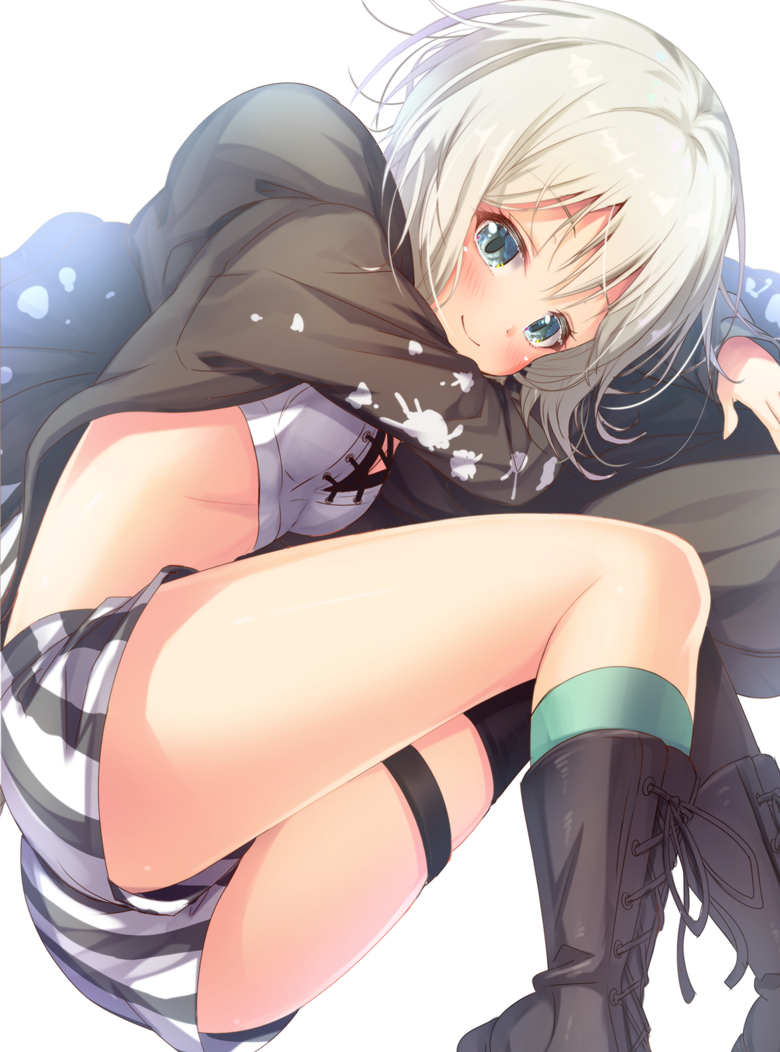 1girl aoba_moka ass bang_dream! bangs black_jacket blush boots breasts brown_footwear closed_mouth commentary_request cross-laced_footwear eyebrows_visible_through_hair green_eyes green_legwear grey_hair hood hood_down hooded_jacket jacket knee_boots kneehighs lace-up_boots long_sleeves lying matokechi midriff on_side open_clothes open_jacket short_shorts shorts simple_background sleeves_past_wrists small_breasts smile solo striped vertical-striped_shorts vertical_stripes white_background