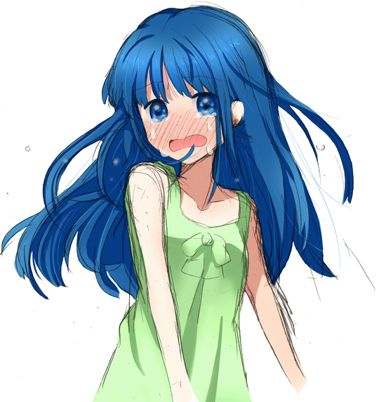 artist_request blue_eyes blue_hair blush dress furude_rika green_dress higurashi_no_naku_koro_ni long_hair sketch solo tears
