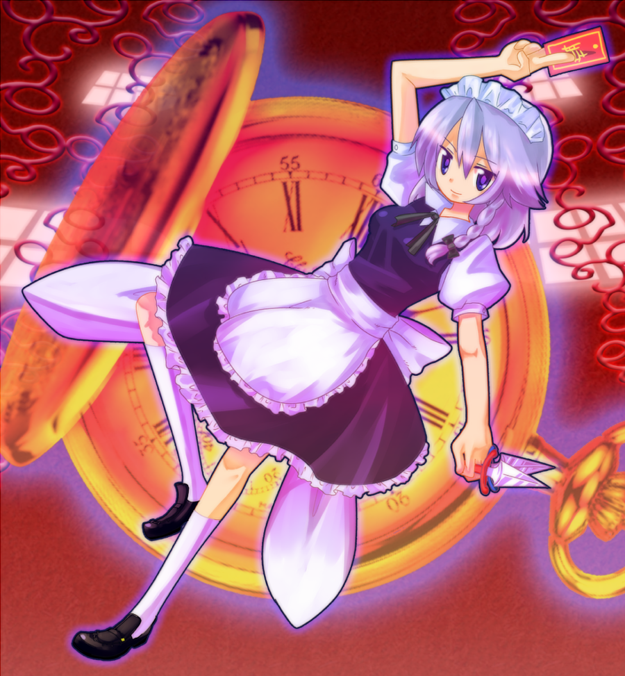 bad_id bad_pixiv_id blue_eyes clock hairband izayoi_sakuya knife maid ribbon short_hair silver_hair solo touhou yonyon