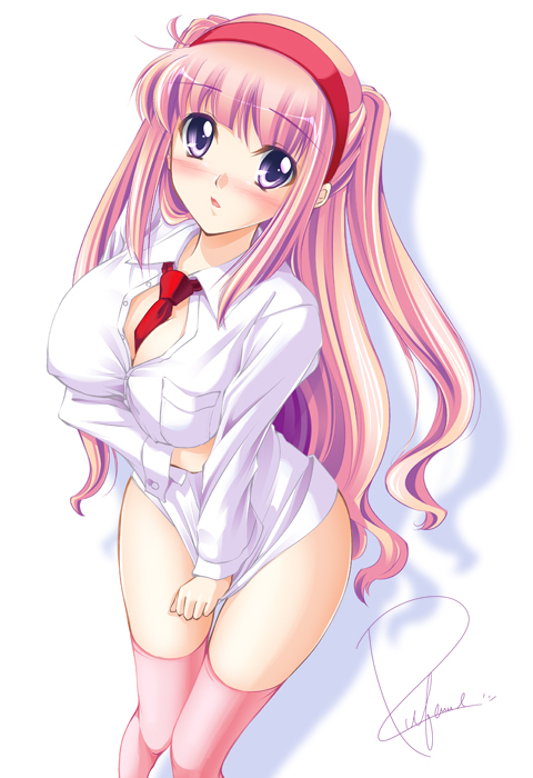 bad_id bad_pixiv_id bottomless breasts cleavage covering covering_crotch hairband large_breasts long_hair necktie open_clothes open_shirt original pink_hair purple_eyes shirt shirt_tug solo thighhighs tsubame_(minami_haruka)