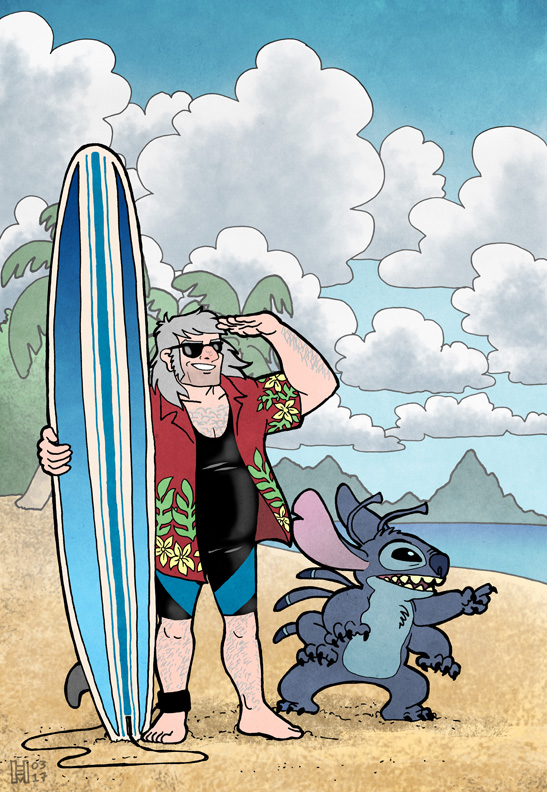 2017 4_arms 4_fingers 5_fingers 5_toes alien antennae back_spines barefoot beach black_eyes blue_fur blue_nose chest_tuft claws clothing crossover disney eregyrn experiment_(species) eyewear fur gravity_falls grey_hair hair hawaiian_shirt head_tuft human lilo_and_stitch mammal multi_arm multi_limb notched_ear outside palm_tree pointing seaside shirt smile standing stanley_pines stitch sunglasses surfboard toe_claws toes tree tropical tuft wetsuit