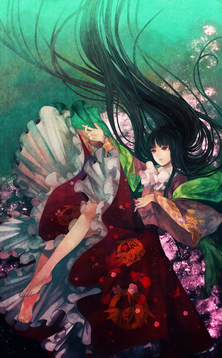 barefoot black_hair feet floating_hair highres houraisan_kaguya japanese_clothes long_hair red_eyes ribbon solo touhou underwater xero