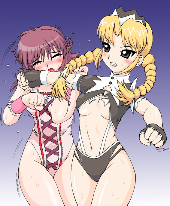2girls artist_request blond blonde_hair blush boxing breasts brown_eyes character_request cleavage clothesline eyes_closed fight fighting gloves leotard multiple_girls pain pigtails pink_hair punch punching short_twintails source_request sweat sweaty twintails wrestling