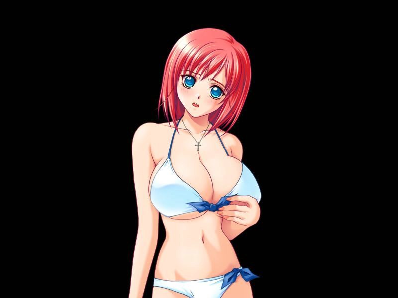 bikini blue_eyes blush bow breasts cleavage cross head_tilt inraku_no_ketsuzoku jewelry large_breasts necklace open_mouth red_hair short_hair solo swimsuit