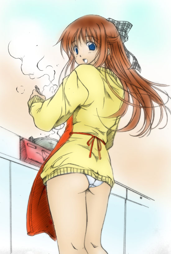 apron artist_request blue_eyes brown_hair cooking copyright_request long_hair looking_back open_mouth panties solo sweater underwear white_panties
