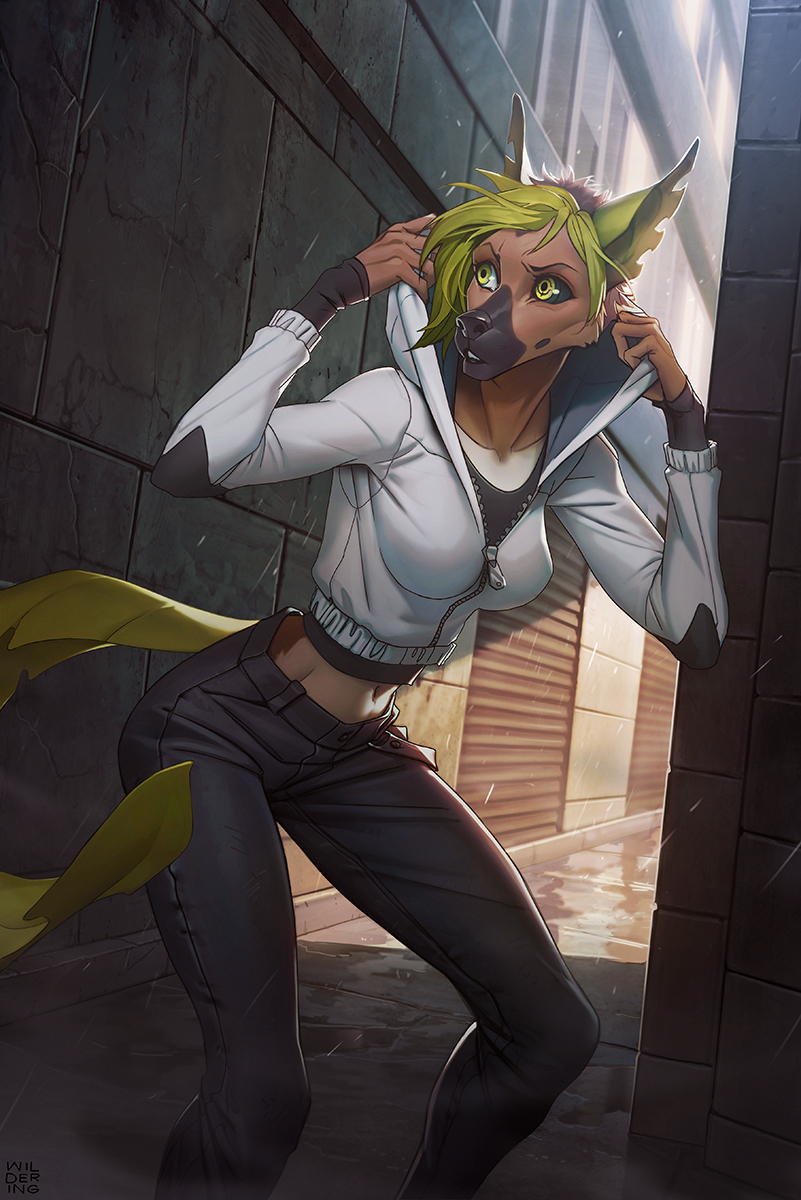 2019 5_fingers anthro black_nose canid canine canis clothed clothing detailed_background digital_media_(artwork) domestic_dog eeveelution female green_hair hair hybrid leafeon mammal midriff navel nintendo pok&eacute;mon pok&eacute;mon_(species) solo standing video_games wildering yellow_eyes