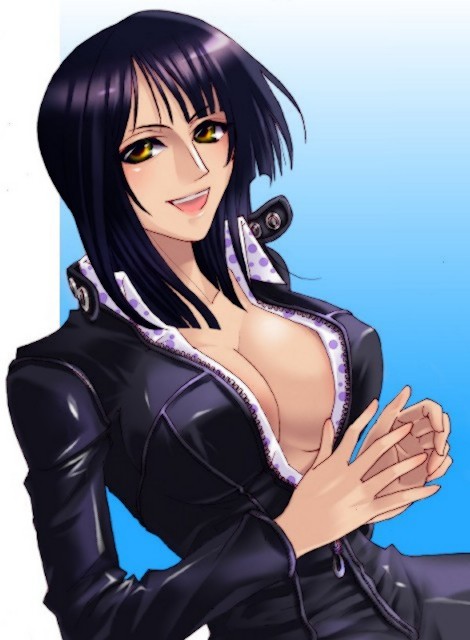 artist_request black_hair breasts cleavage large_breasts nico_robin no_bra one_piece open_clothes open_shirt shirt smile solo unzipped yellow_eyes