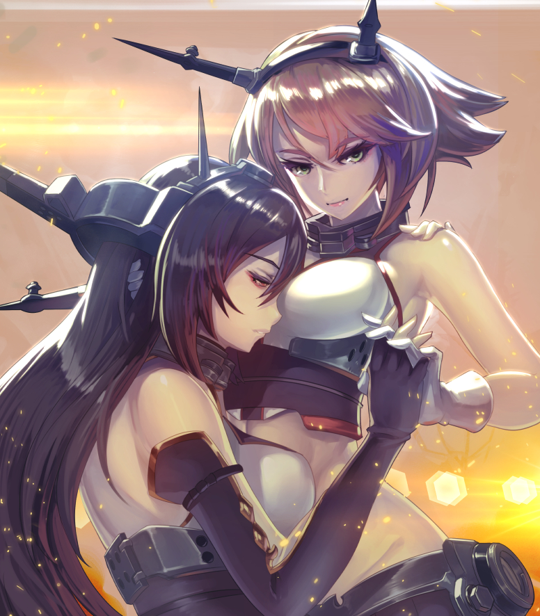 2girls artist_name bare_shoulders black_gloves black_hair black_panties breasts brown_eyes brown_hair closed_mouth elbow_gloves embers eyelashes fingerless_gloves gloves green_eyes groin hairband hand_holding hand_on_another's_head hand_on_another's_shoulder head_on_chest headgear interlocked_fingers kantai_collection kazto_furuya large_breasts light_rays light_smile long_hair looking_at_another looking_at_viewer midriff miniskirt multiple_girls mutsu_(kantai_collection) nagato_(kantai_collection) panties parted_lips radio_antenna red_eyes short_hair signature skirt tsurime underwear upper_body white_gloves yuri